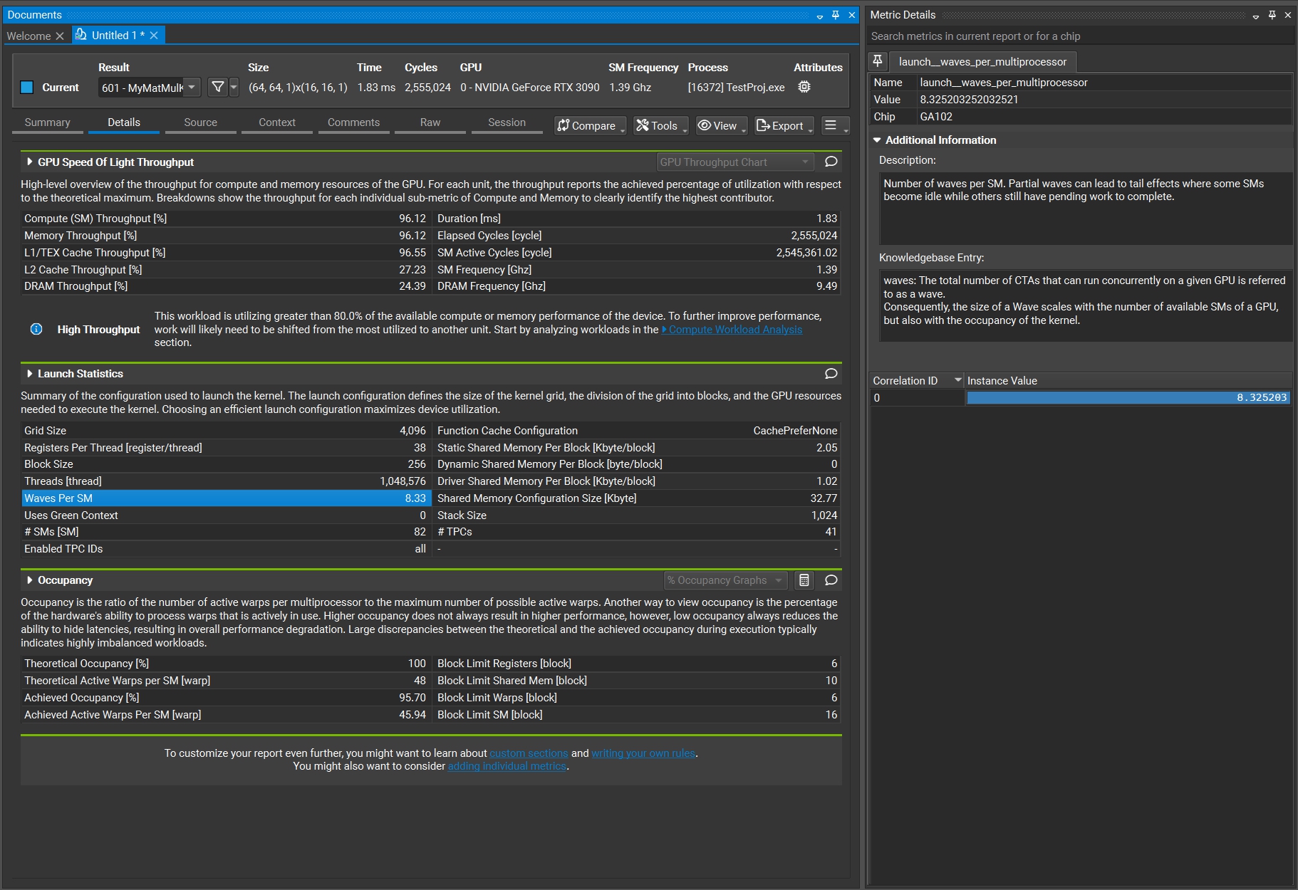 在对第二版实现使用 Nsight Compute 进行 profiling 时的性能报告，其中高亮的是“Waves per SM”。